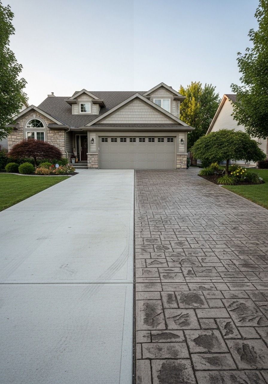Before and after: broom finish driveway transformed into a stamped cobblestone surface