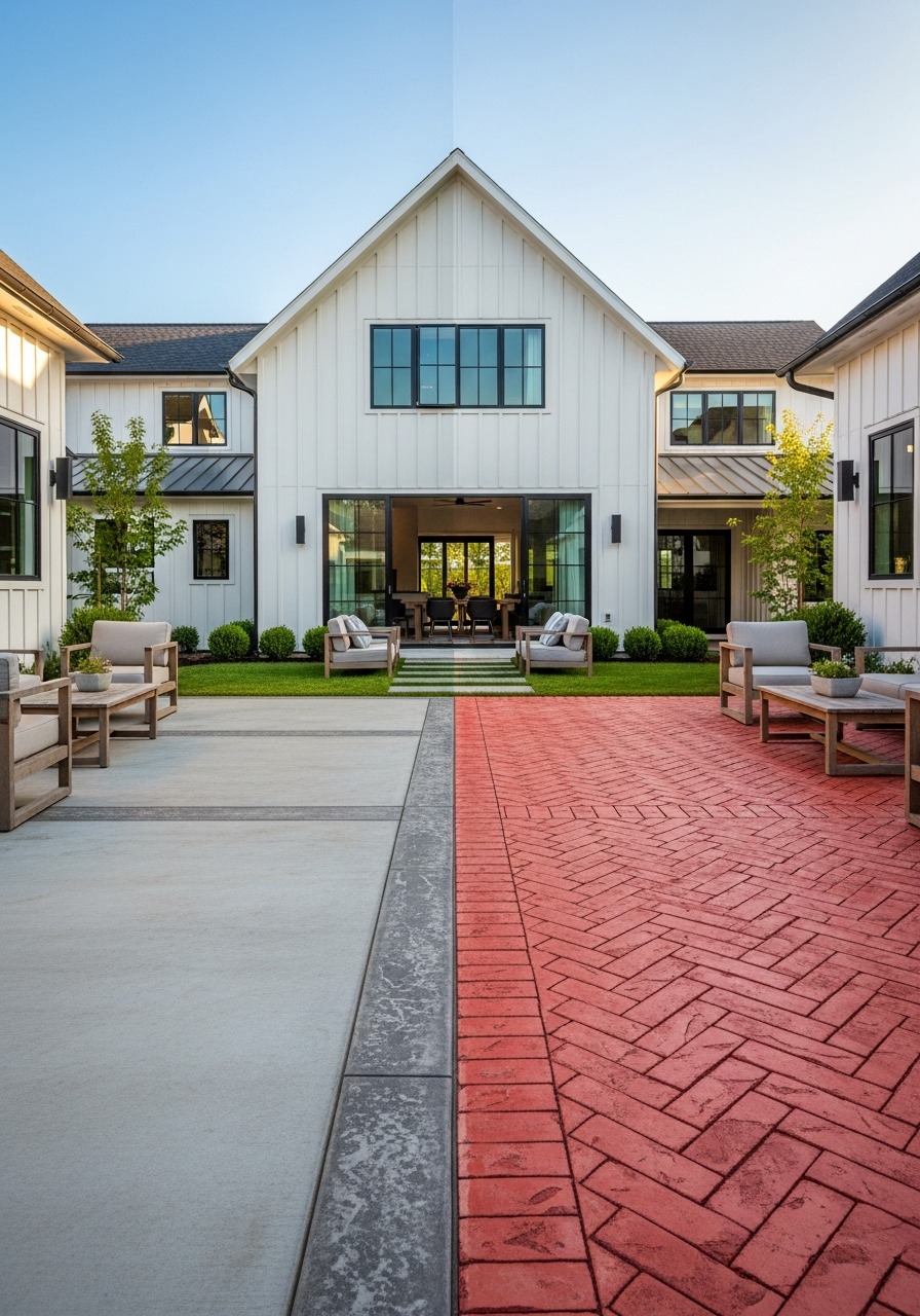 Before and after: plain concrete patio transformed into a herringbone brick stamped pattern