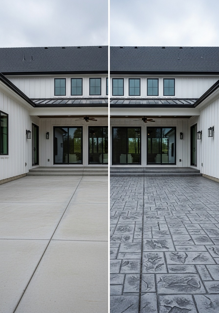 Before and after: plain concrete slab transformed into a stamped grey ashlar patio