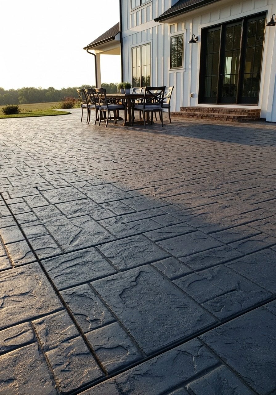 Charcoal ashlar slate stamped concrete patio with deep grey tone and geometric stone blocks beside a modern farmhouse home with outdoor dining furniture in golden hour light