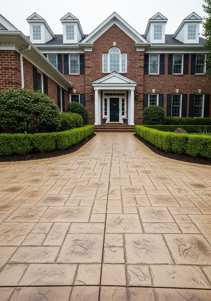 Cobblestone stamped concrete walkway in warm buff tone leading to colonial home front entry
