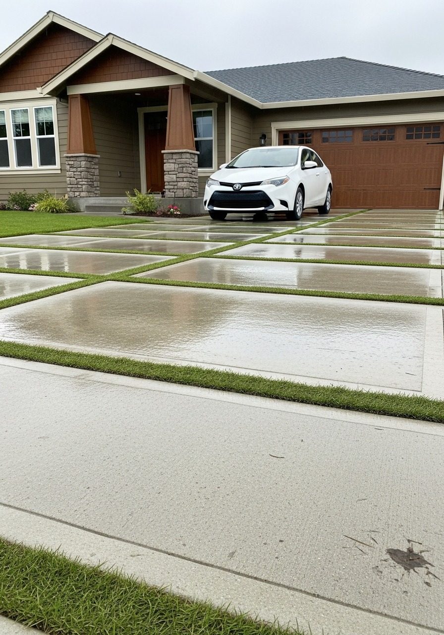 Parallel concrete strip driveway with turf between strips, craftsman home, overcast light