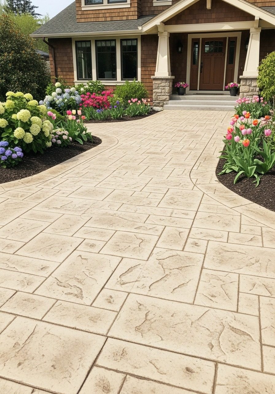 Cream stamped concrete walkway leading to a traditional home front door with warm buff tones
