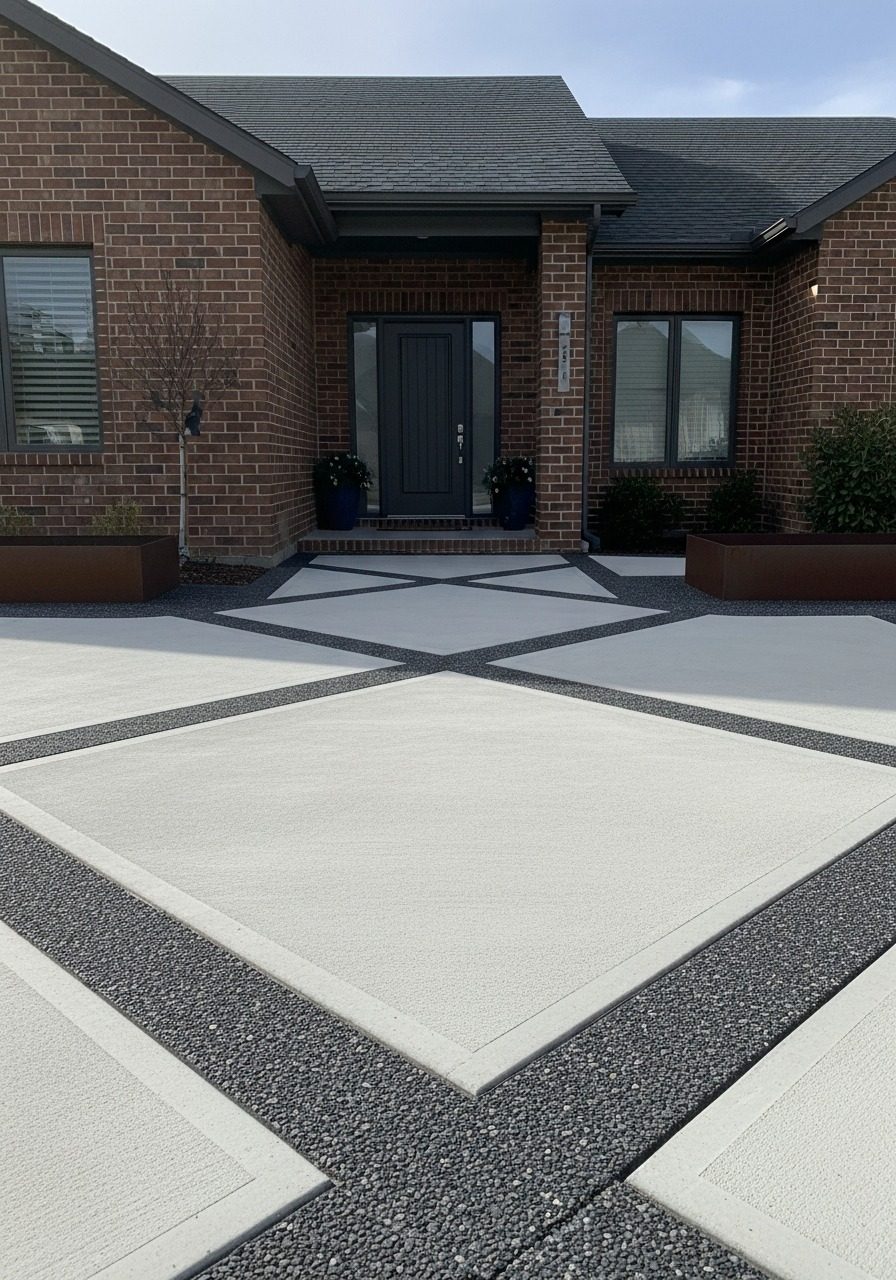 Close-up detail of diagonal X-pattern scored concrete walkway with charcoal aggregate in channels at a contemporary brick home entry in summer midday light