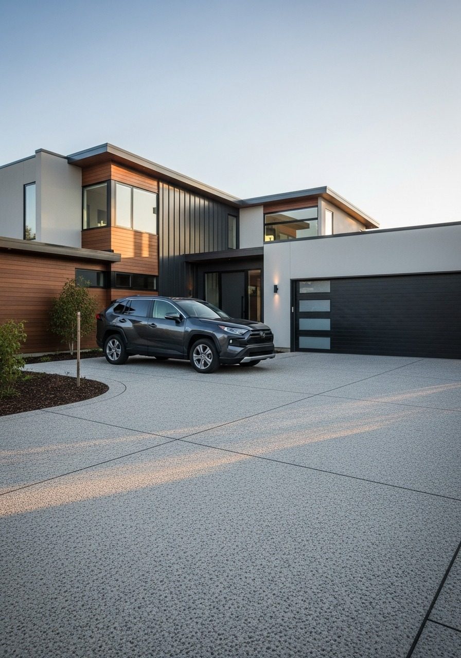 Grey exposed aggregate concrete driveway approaching an angular contemporary home with large windows and dark metal cladding