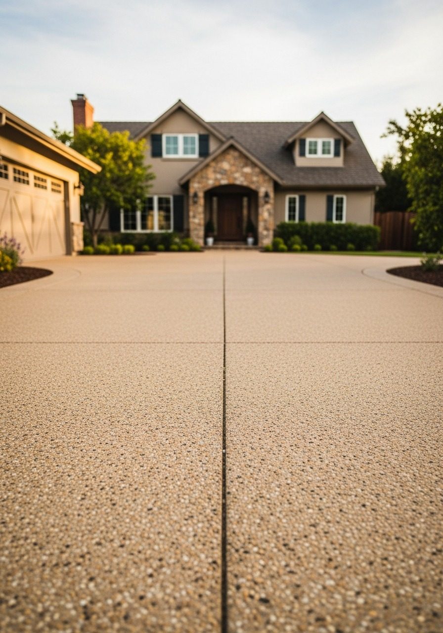 Warm tan exposed aggregate concrete driveway with buff and sand-toned pebbles, residential front approach in golden hour light