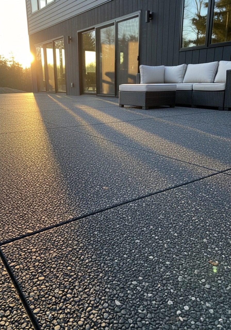 Wide establishing shot of charcoal exposed aggregate concrete patio with dark basalt pebble texture beside a contemporary home with sectional outdoor furniture in morning light