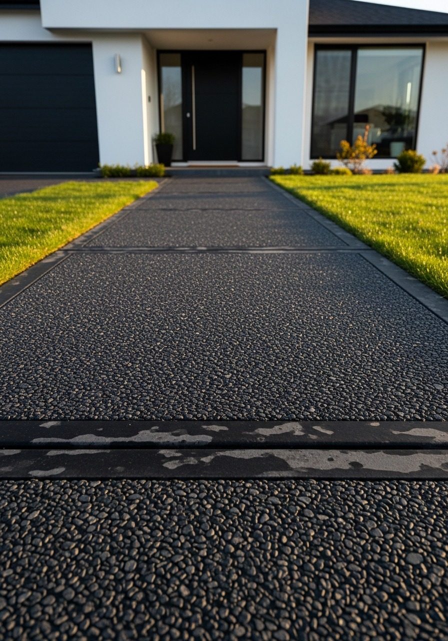 Charcoal exposed aggregate concrete walkway leading to a contemporary home entry in evening light