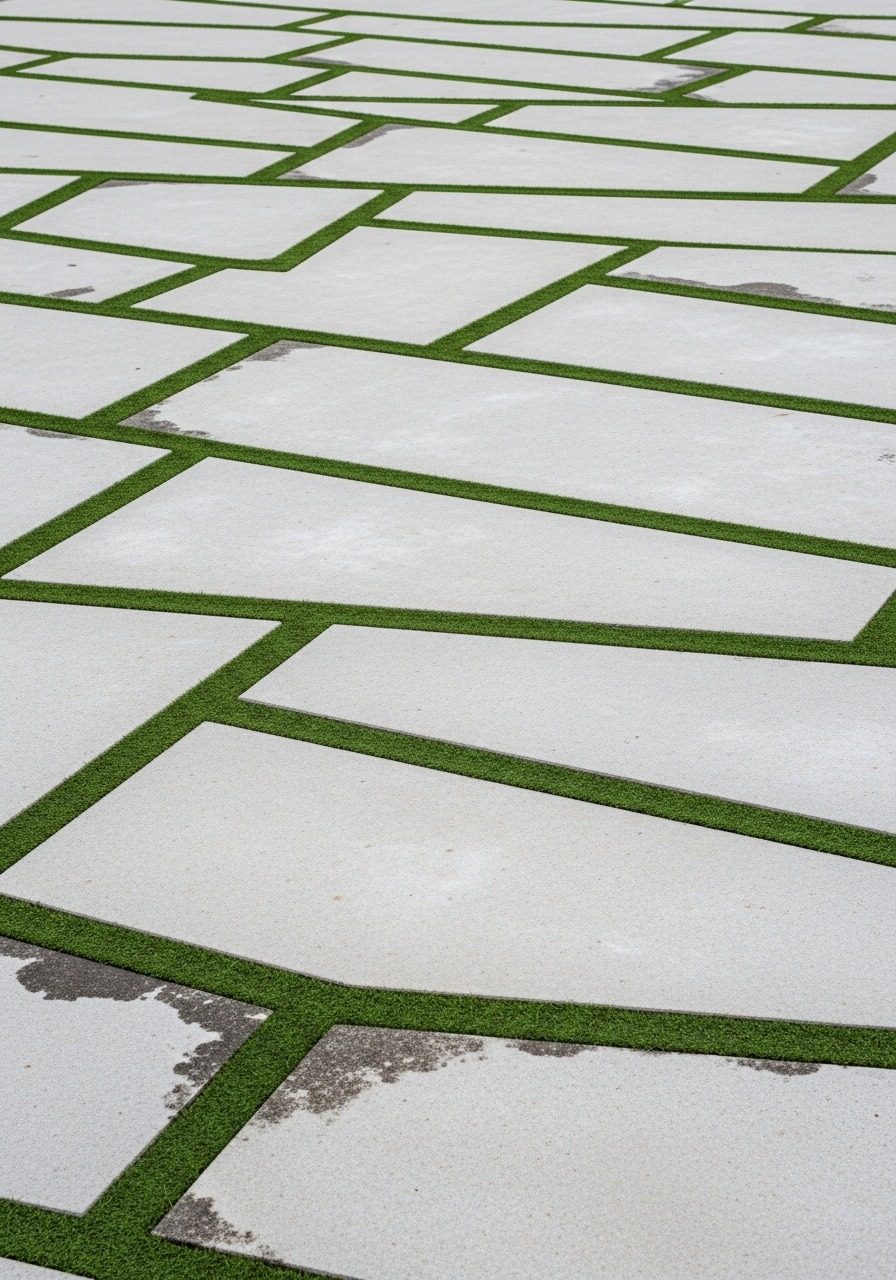 Floating smooth concrete stepping slabs set in lush artificial turf leading to a modern stucco home entry
