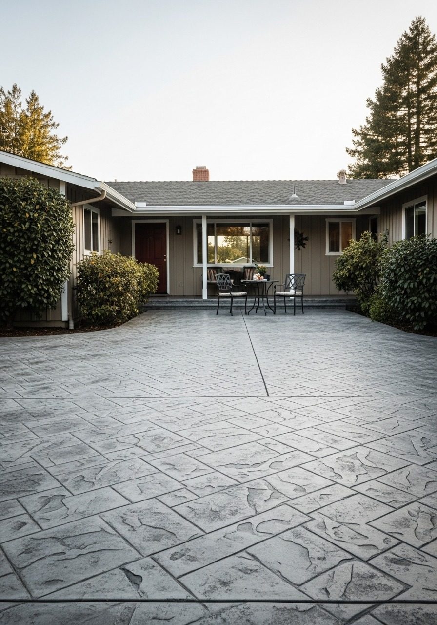 Grey ashlar stamped concrete patio beside a craftsman home with wide covered porch and mature landscaping