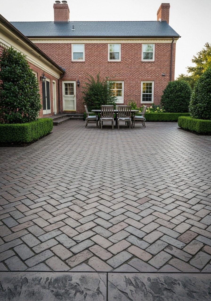 Herringbone brick stamped concrete patio extending from a colonial red brick home with formal hedged garden borders