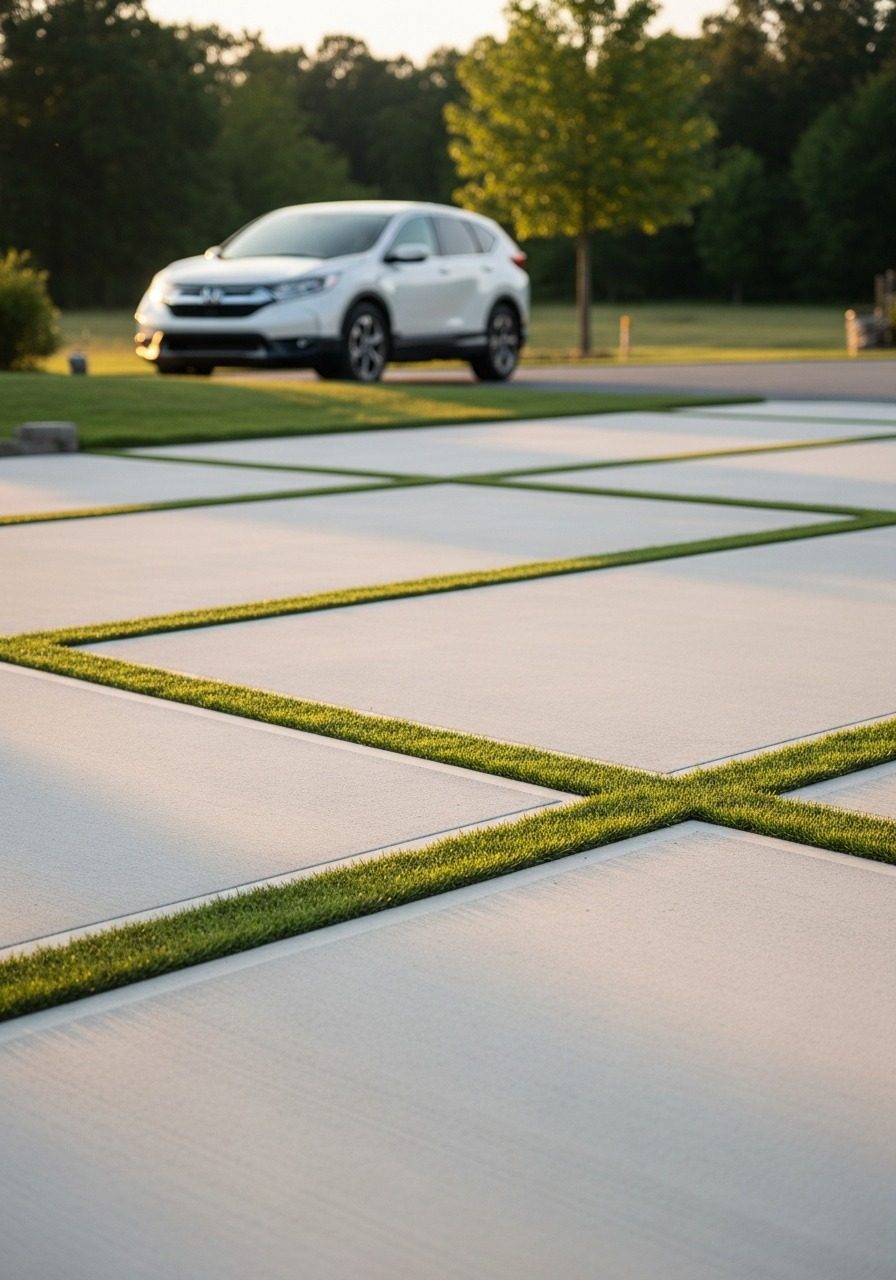 Large format smooth concrete slab driveway with flush grass turf strips in joints approaching a craftsman home