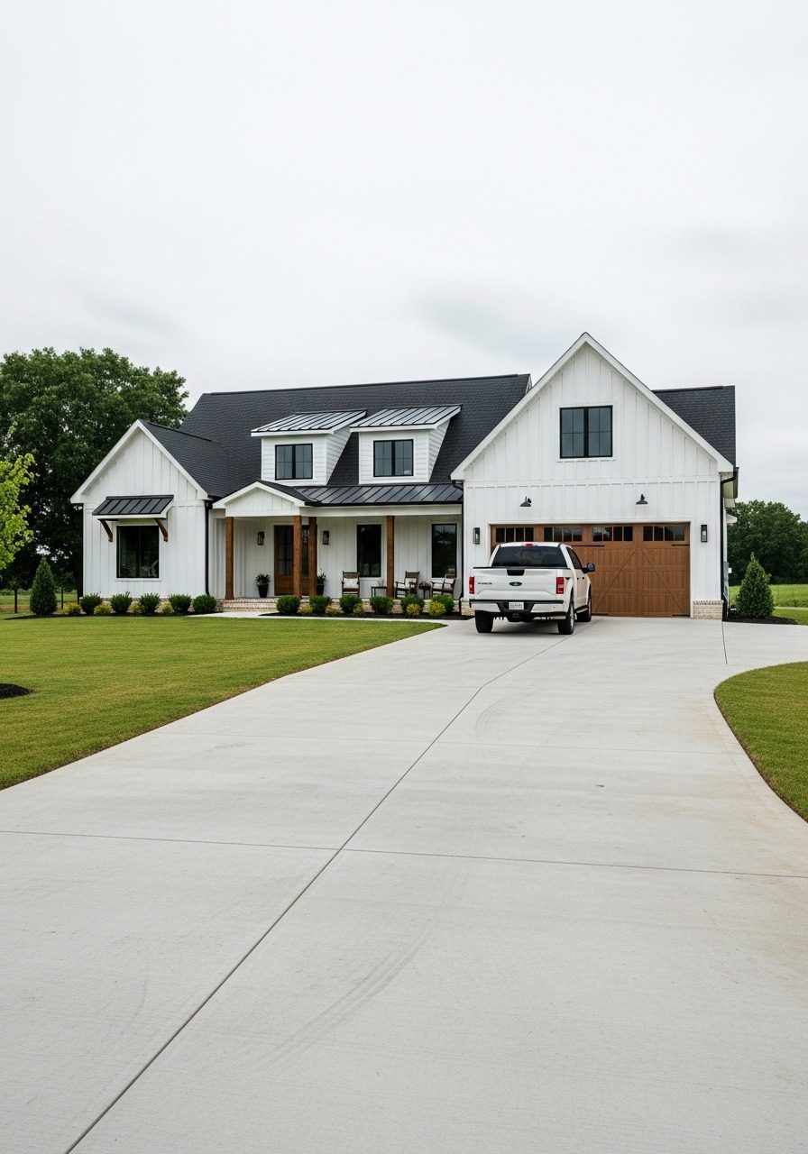 Modern smooth grey concrete driveway approaching a white board-and-batten farmhouse with black metal accents and carriage garage door