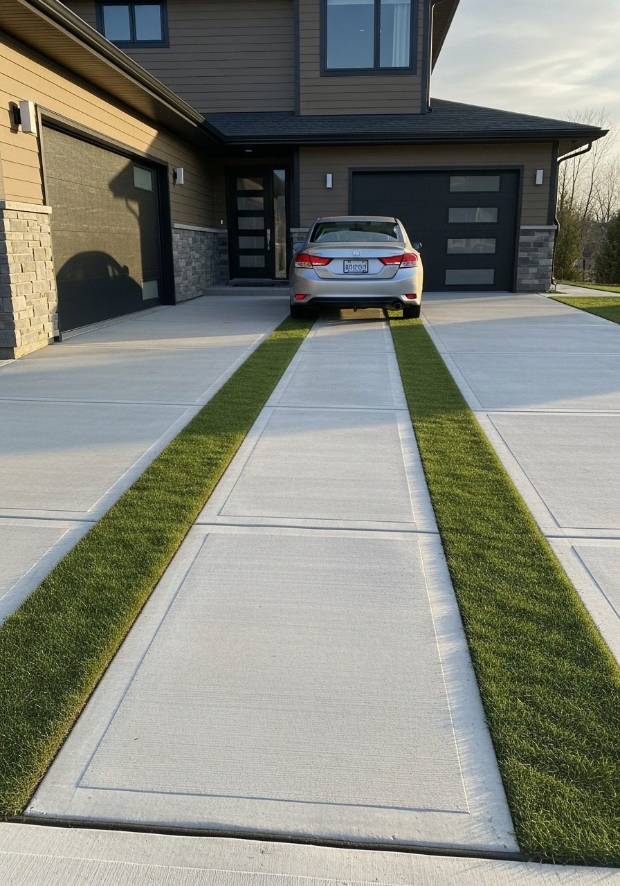 Modern large format concrete slab driveway with wide grass joints and contemporary home exterior