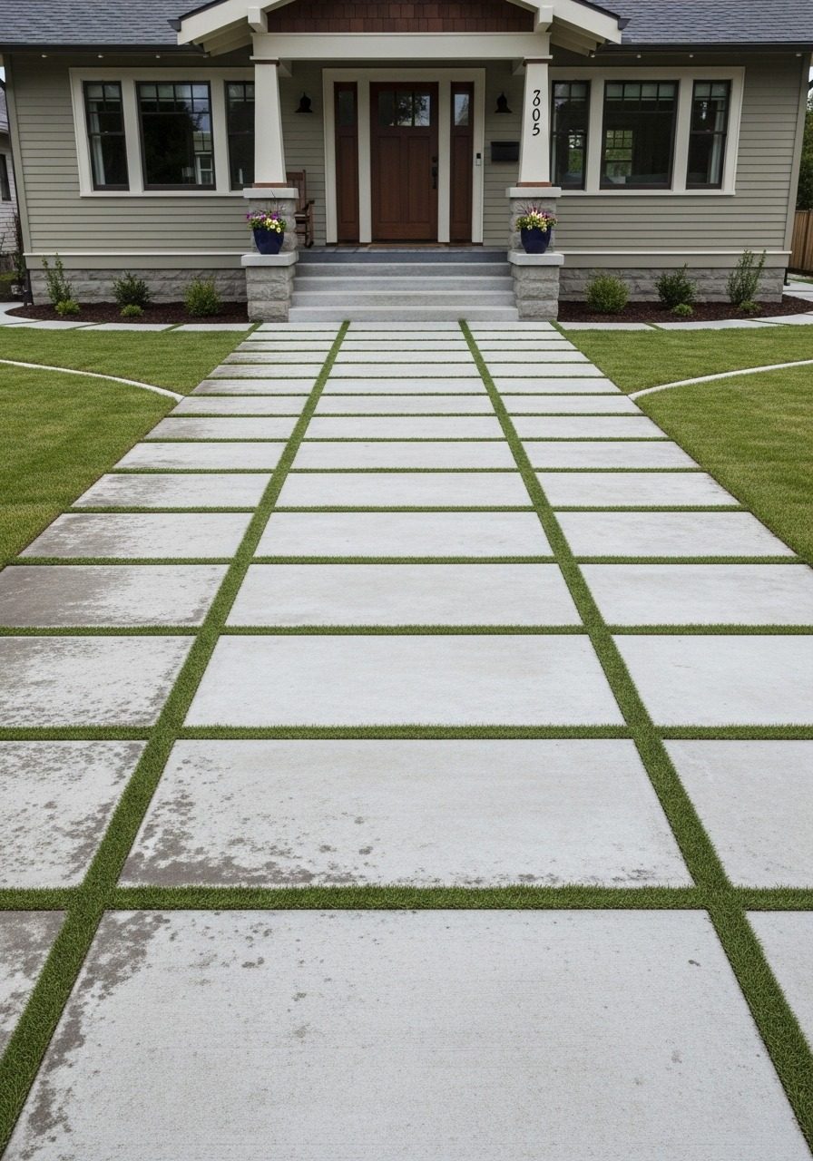 Mid-shot of parallel smooth concrete strip walkway with flush grass turf between strips leading toward a craftsman bungalow entry in golden hour light