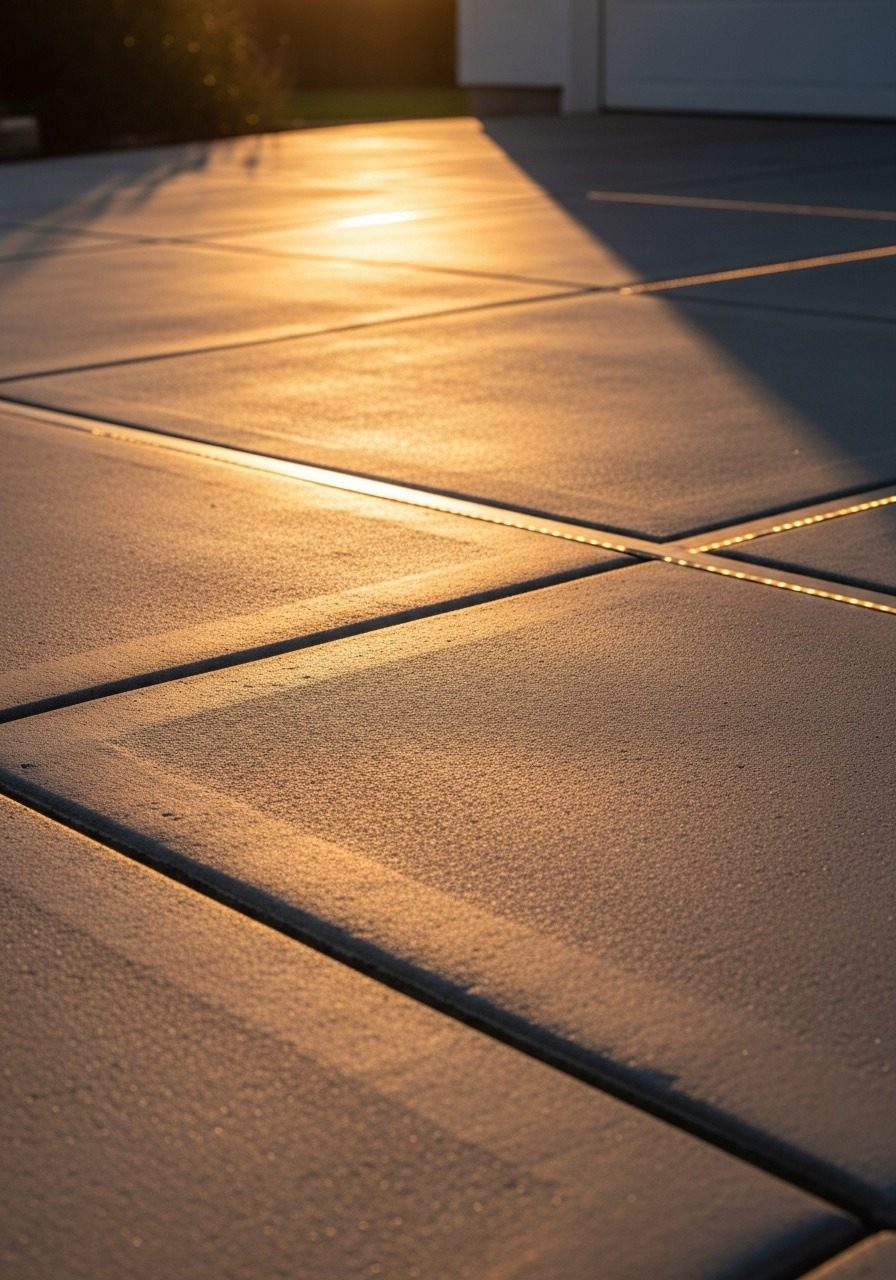 Angled 3/4 view of polygon-cut irregular concrete slab driveway with glowing LED strip joints approaching a luxury contemporary home with floor-to-ceiling glass at blue hour