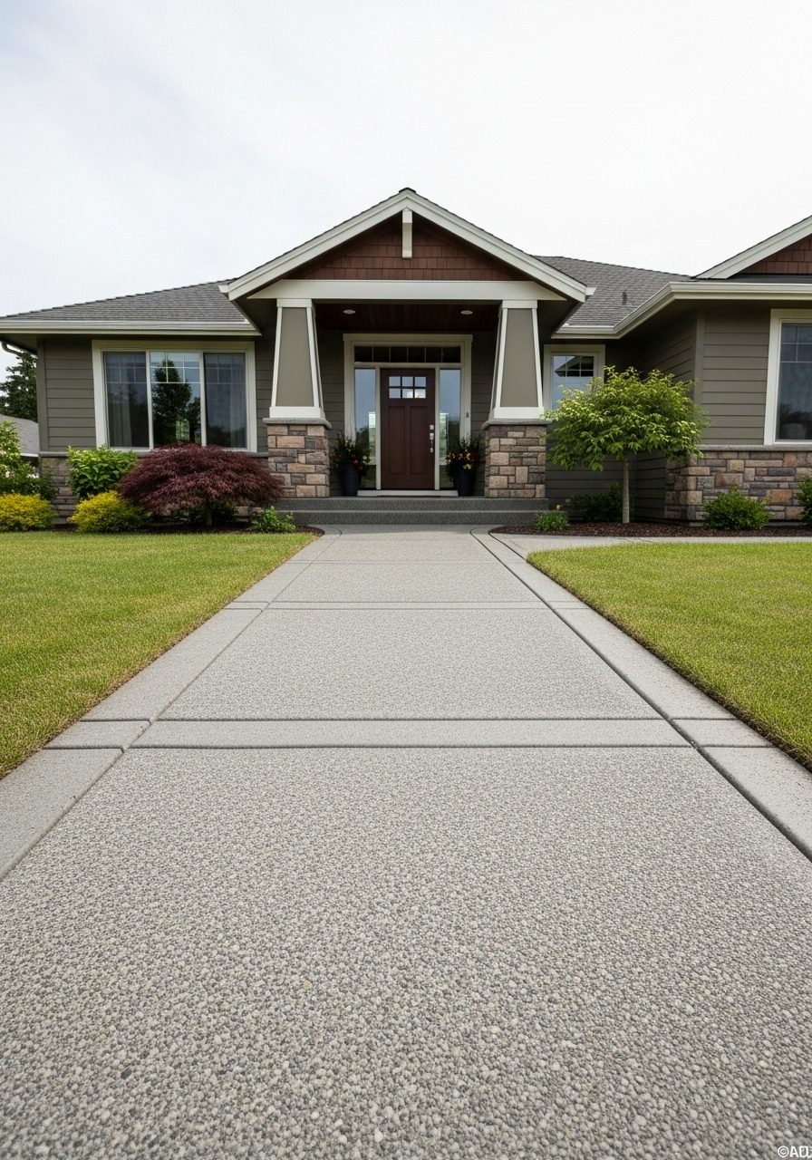 Salt finish concrete walkway with fine pitted texture leading to a craftsman home entry