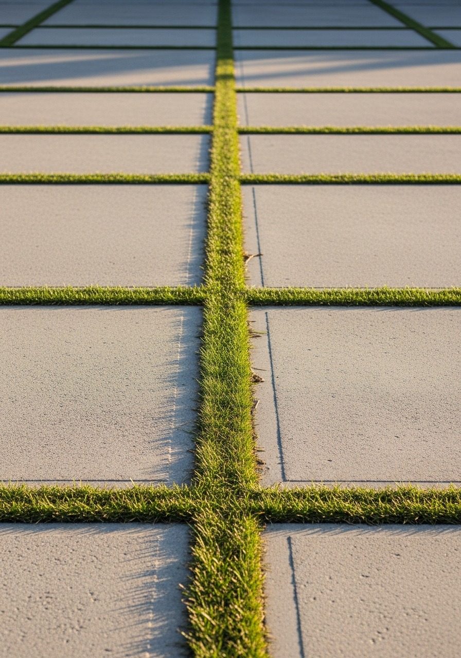 Scored concrete driveway with grass turf filling the scored channels, contemporary home, golden hour light