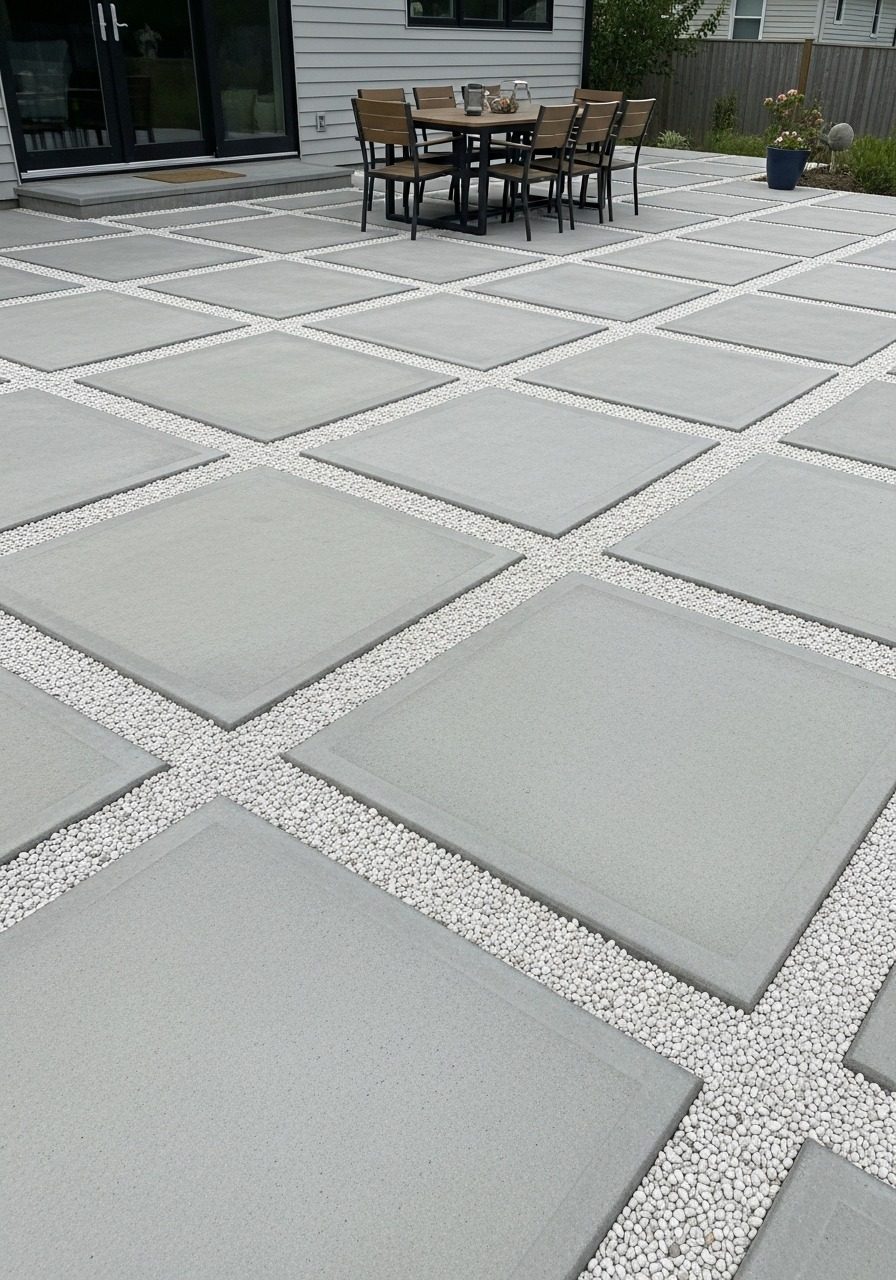 Smooth concrete patio with deep recessed grid score lines filled with white pea gravel, full outdoor dining set on patio beside a contemporary home