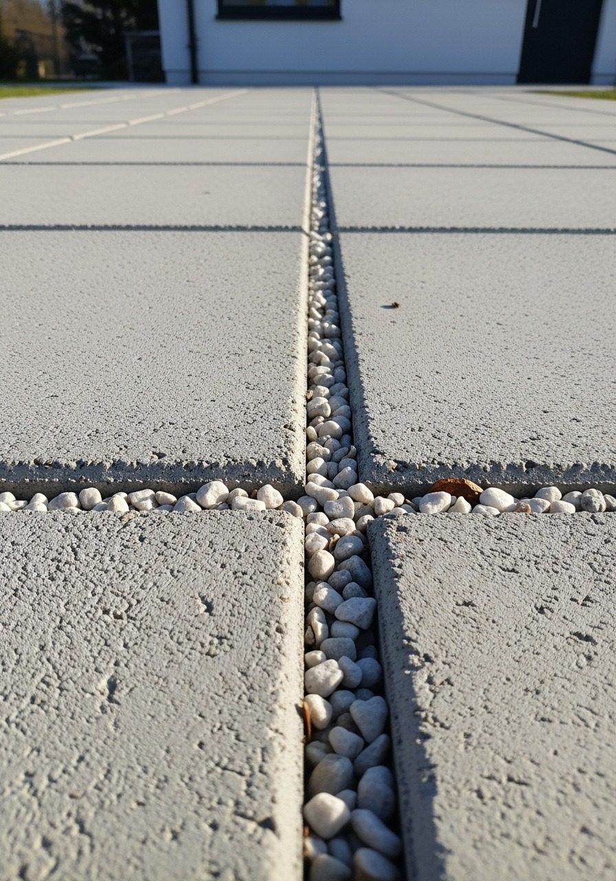Close-up of scored grid concrete walkway with white pea gravel filling the channel lines at a contemporary home entry in bright overcast light