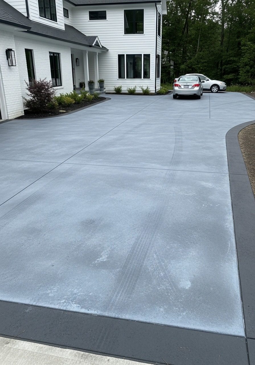 Slate blue water-based stained concrete driveway with cool grey-blue tone, contemporary transitional home exterior, soft overcast daylight
