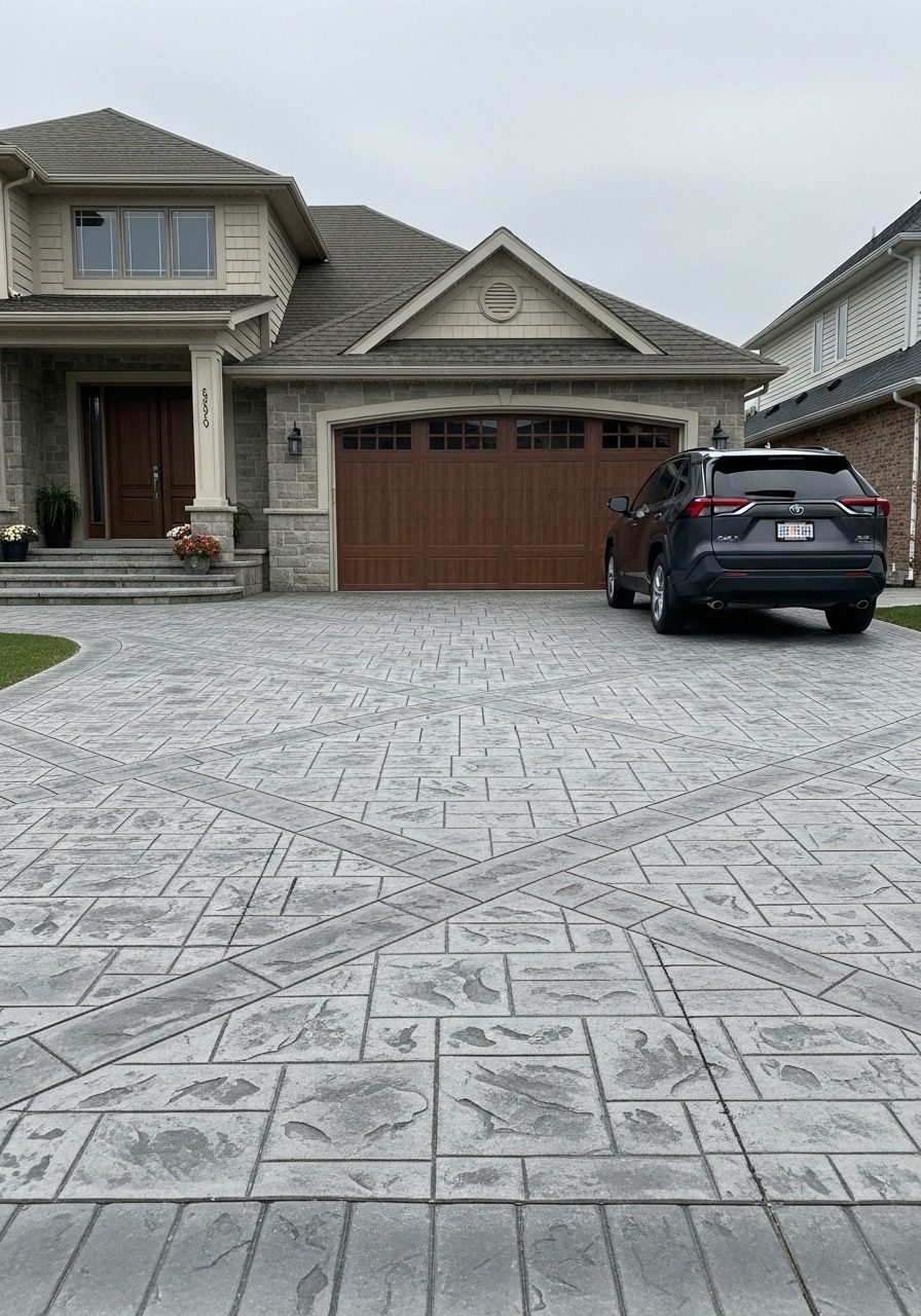 Ashlar slate stamped concrete driveway with medium grey tone, clean geometric stone pattern, modern home exterior, soft overcast daylight