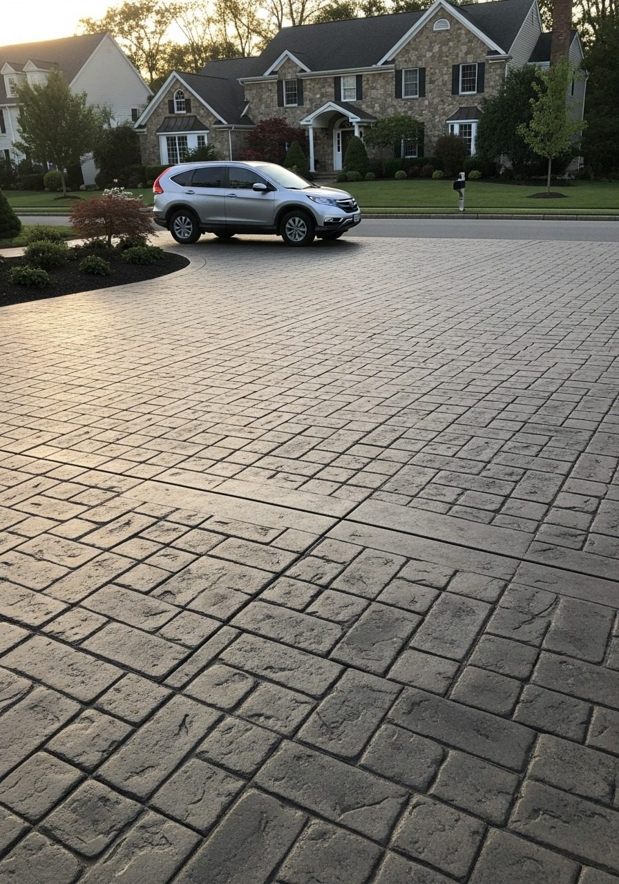 Cobblestone stamped concrete driveway with warm charcoal color wash and clean edging