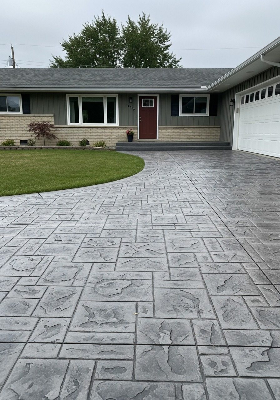 Grey slate stamped concrete front walkway approaching a low-slung ranch home with wide front yard and mature trees