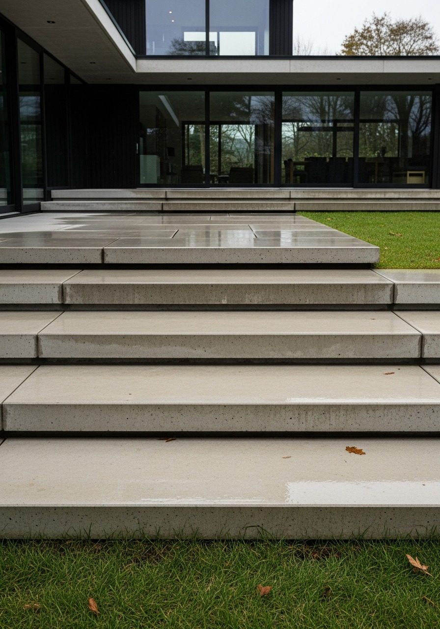 Tiered wide concrete slab entry steps leading to front door, contemporary home with post-rain wet surface reflection