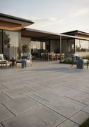 Grey stamped concrete patio - colonial home with pool adjacent setting