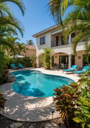 Travertine pool deck - morning light with lounge chairs and tropical planting