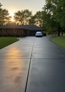 Charcoal polished poured concrete driveway leading to a single-car garage on a red brick ranch home, golden hour