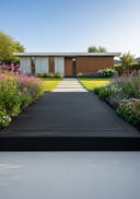 Near-black broom poured concrete covered entry porch, flat-roof concrete-timber home, blue-sky morning