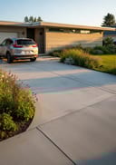 Light grey polished poured concrete driveway, minimalist board-formed home, oblique camera angle