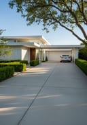 Light grey broom poured concrete driveway, white flat-roof home with glazing, white sedan, morning
