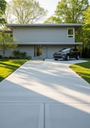 Light grey lightly polished poured concrete driveway, minimalist single-storey home, board-formed concre, mid-morning sun with soft tree-canopy sh