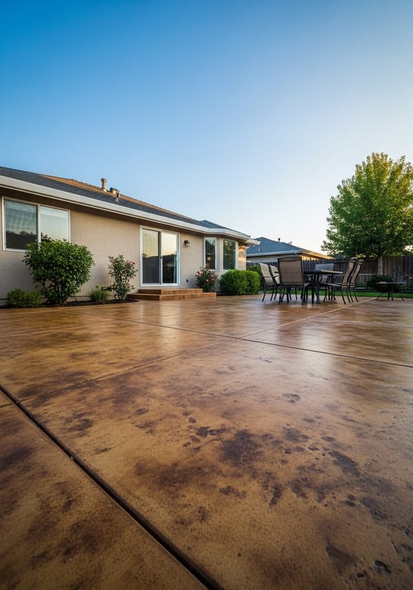 Acid stained concrete patio with warm amber and brown mottled tones in a backyard garden setting