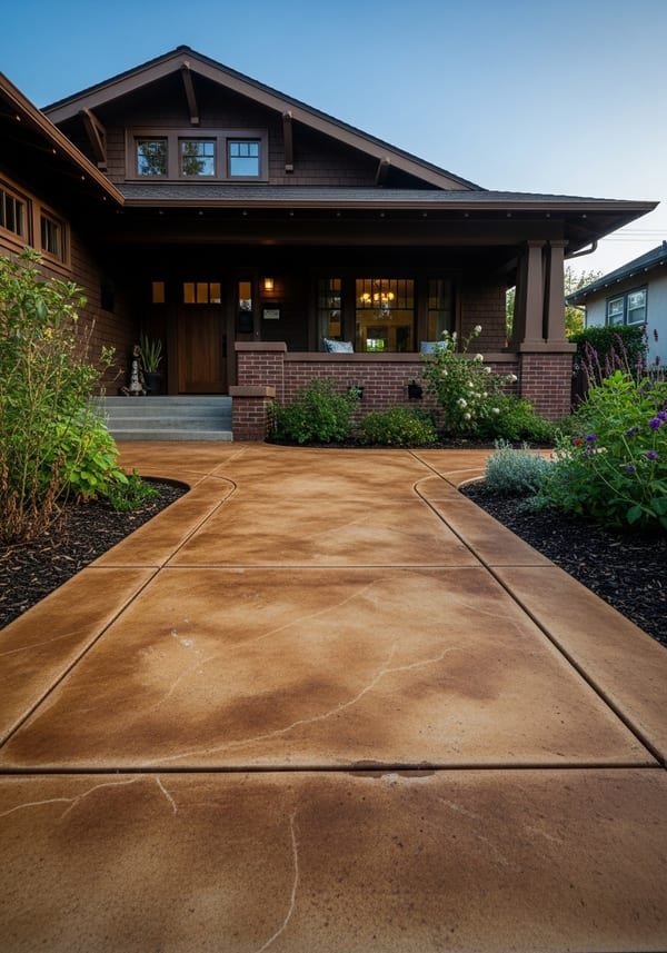 Acid stained concrete walkway with warm amber-brown mottled tones leading to traditional home entry