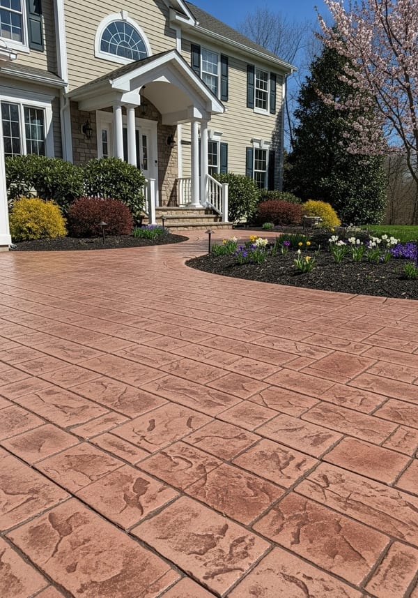 Brick red stamped concrete walkway with classic pattern leading to a colonial home front door