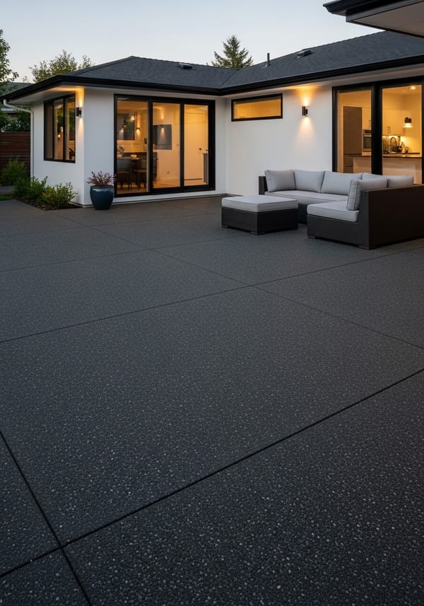 Charcoal salt finish concrete patio with subtle pitted texture and modern outdoor furniture