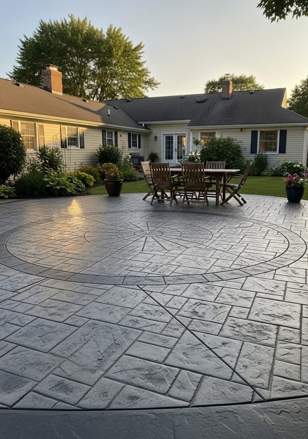 Stamped concrete patio with decorative circular medallion pattern