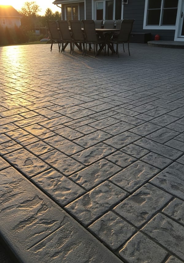 Cobblestone pattern stamped concrete patio with warm grey and buff tones in a traditional backyard setting