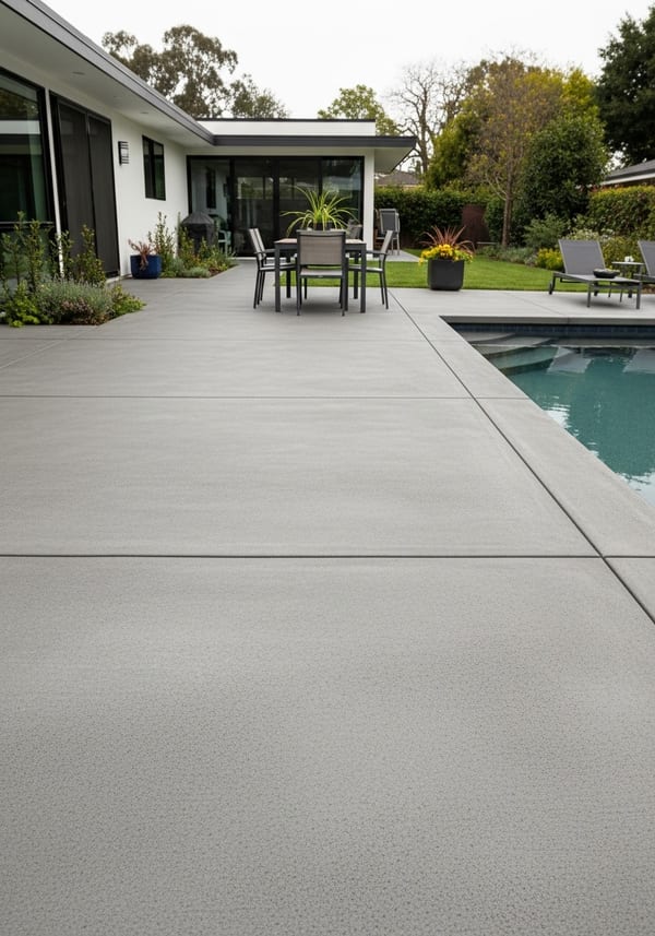 Grey concrete pool deck with cool-toned finish surrounding a modern pool