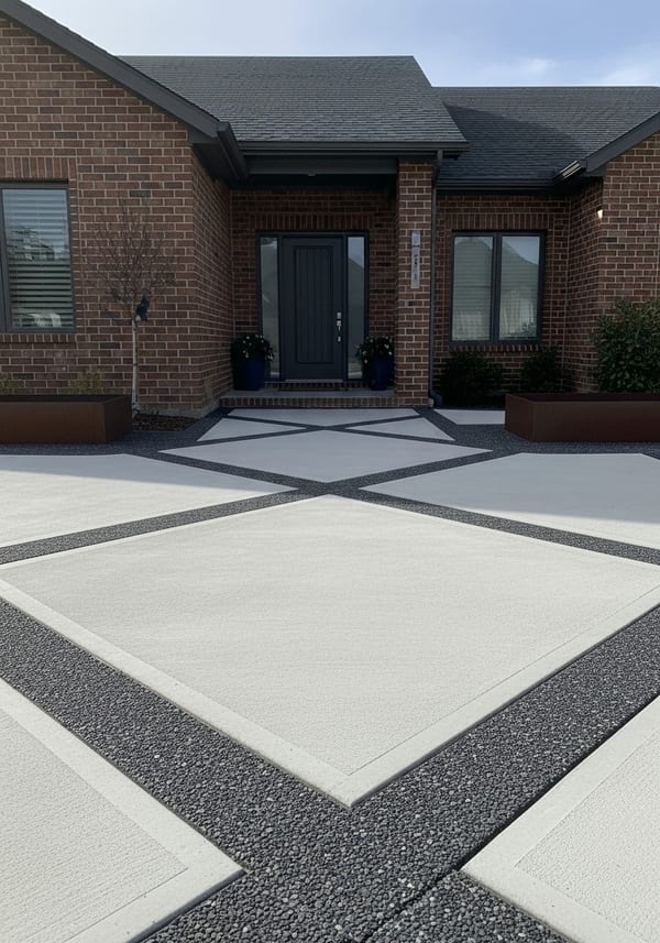 Close-up detail of diagonal X-pattern scored concrete walkway with charcoal aggregate in channels at a contemporary brick home entry in summer midday light