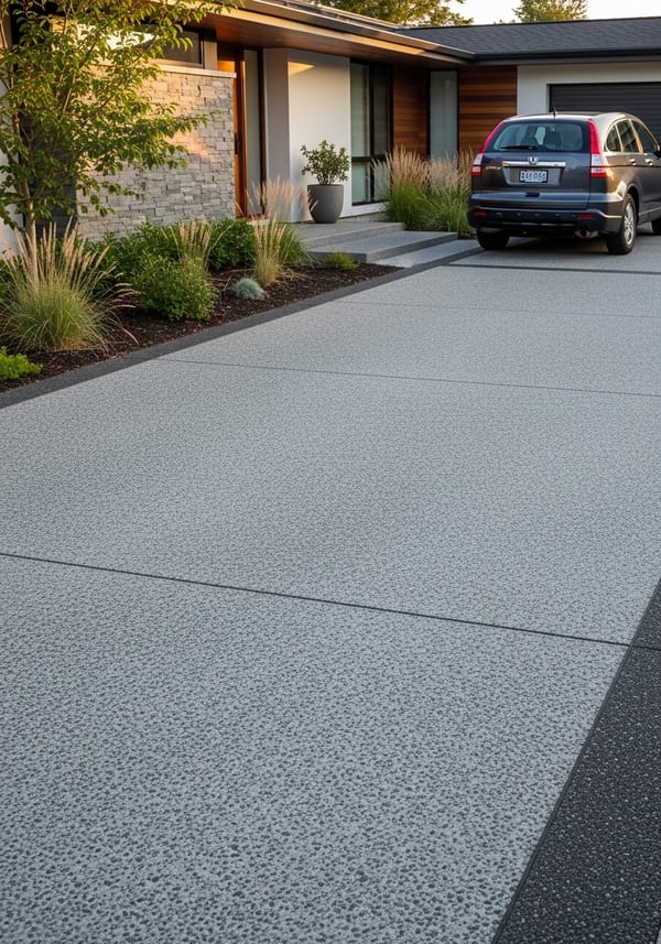 Grey exposed aggregate concrete driveway with clean border edging