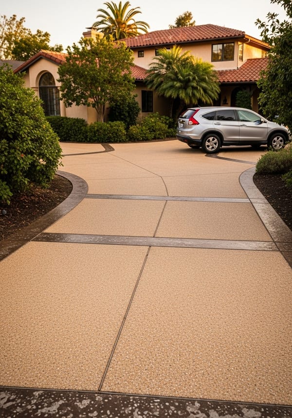 Warm tan exposed aggregate concrete driveway with buff and sand-toned pebbles, residential front approach in golden hour light