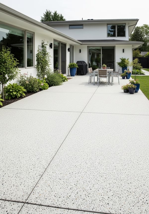 White exposed aggregate concrete patio with modern outdoor setting