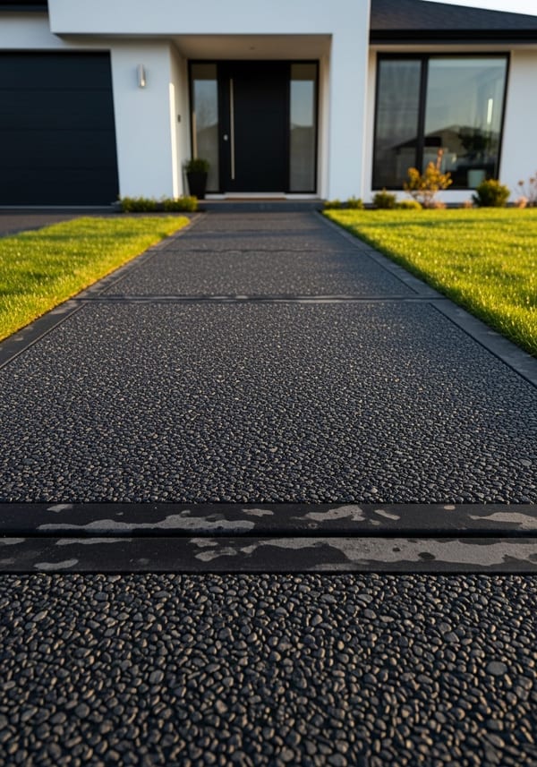 Charcoal exposed aggregate concrete walkway leading to a contemporary home entry in evening light