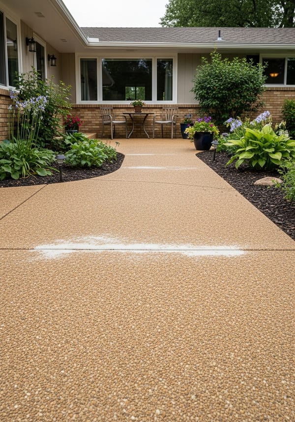 Tan exposed aggregate concrete walkway leading to a front door with warm-toned landscaping