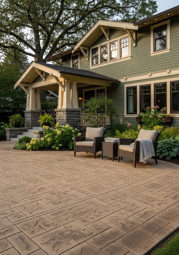Buff flagstone stamped concrete patio with warm sandstone tones and craftsman home backdrop in afternoon light